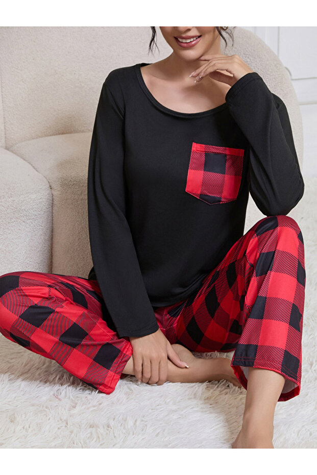 Pocket Detail Scoop Neck T-Shirt and Checked Pyjama Set - 1