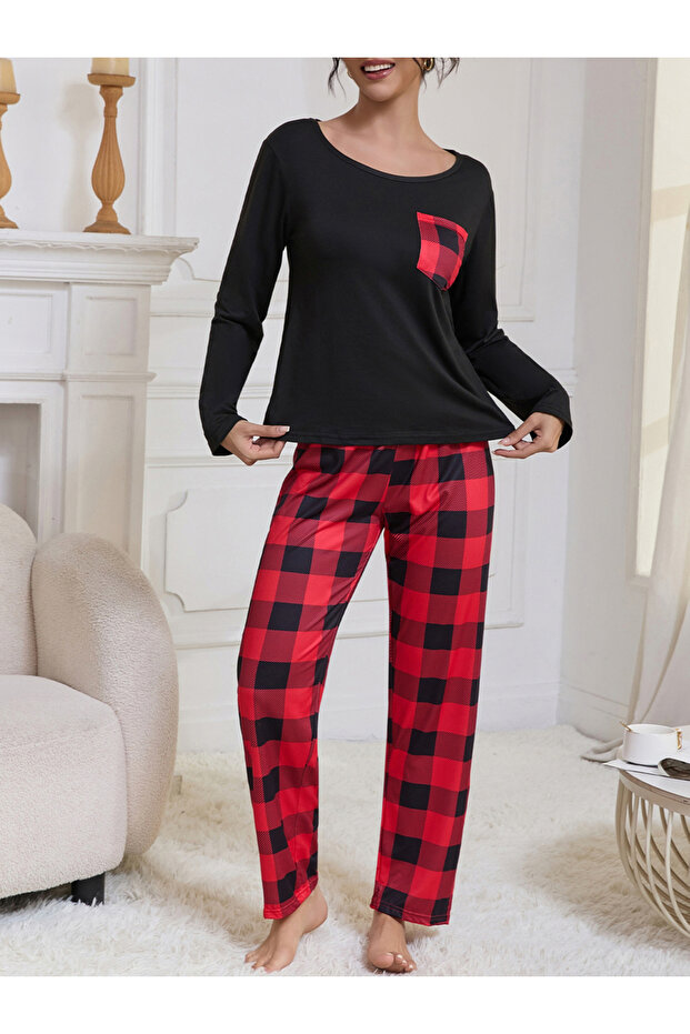 Pocket Detail Scoop Neck T-Shirt and Checked Pyjama Set - 5