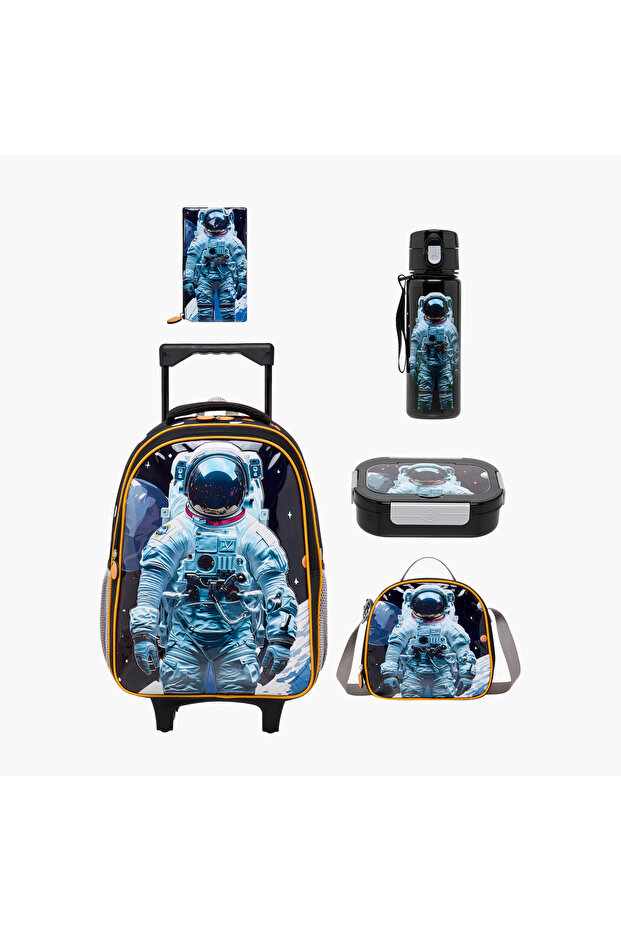 5-Piece Astronaut Print Trolley Backpack Set - 16 inches