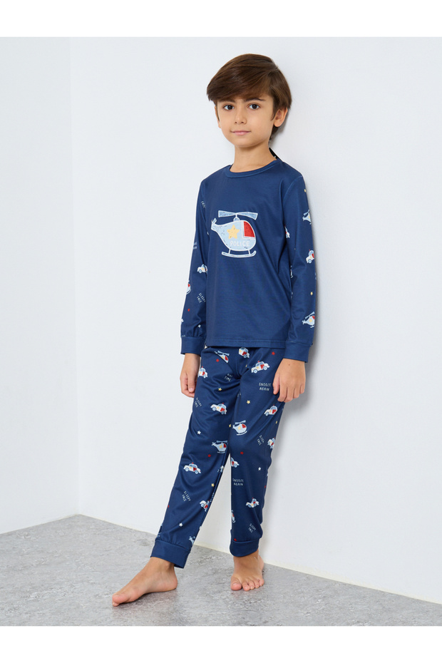 Navy Blue Printed Long Sleeve T-Shirt and Pyjama Set