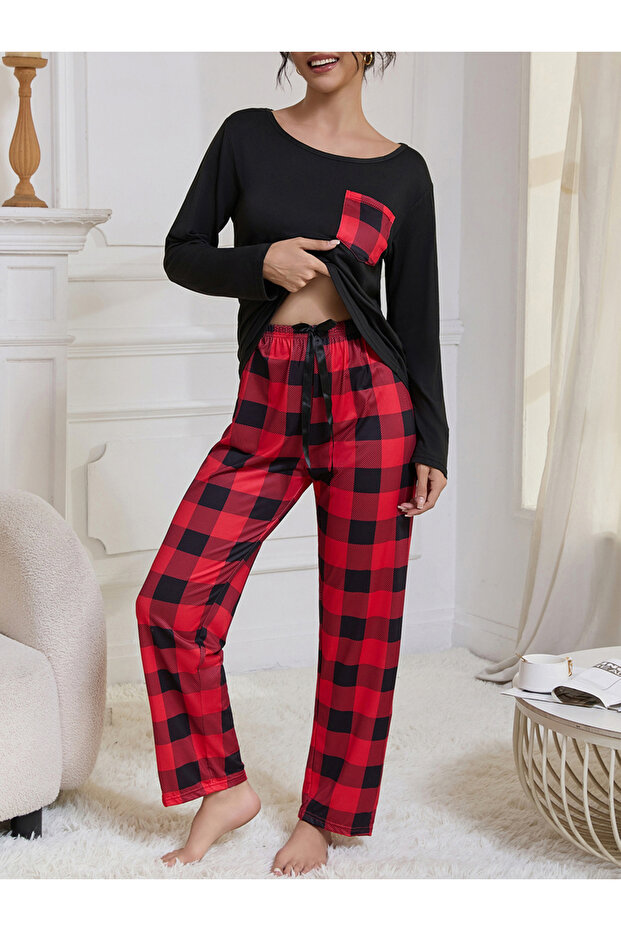 Pocket Detail Scoop Neck T-Shirt and Checked Pyjama Set - 4