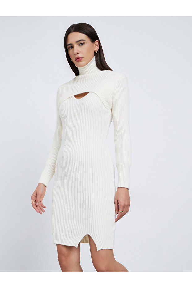 Off White Sweater Knit Knee Length Dress