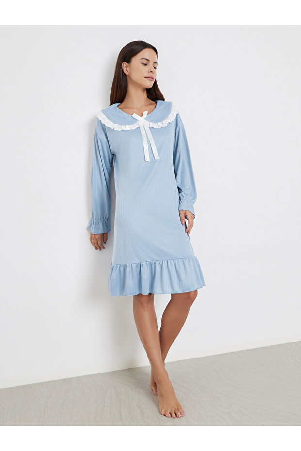 Blue Long Sleeve Nightdress with Lace Collar