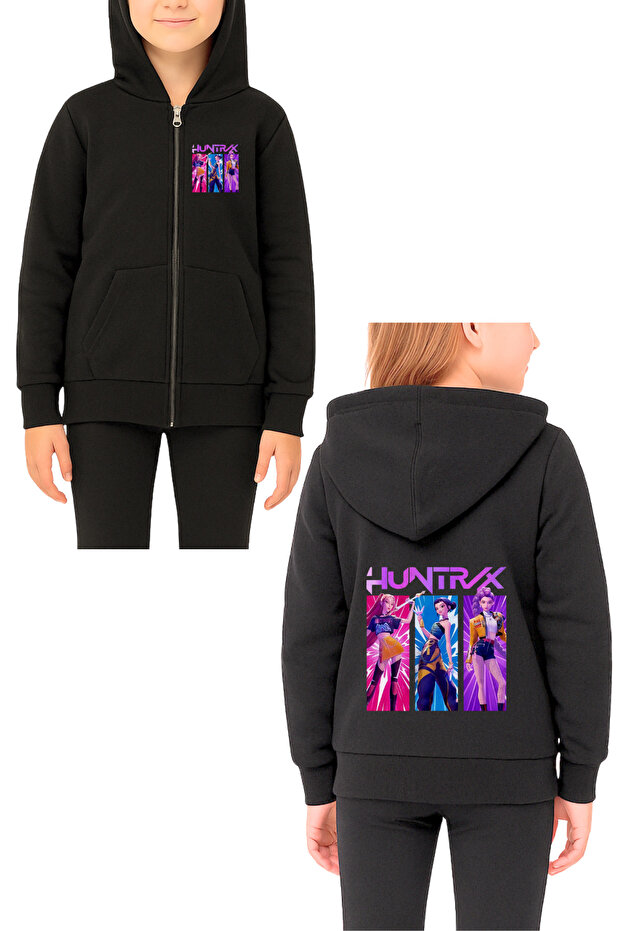 K-Pop Demon Hunters Printed Black Unisex Zippered Hooded Cardigan Sweatshirt