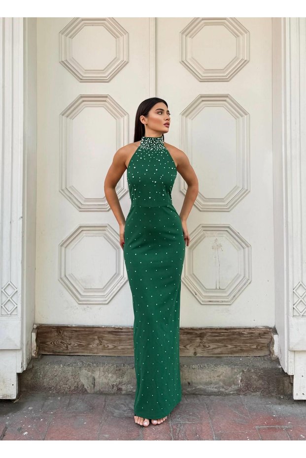Crepe Stretch Fabric Long Sleeve Turtleneck Evening Dress with Stone and Pearl Detail 583330 Emerald