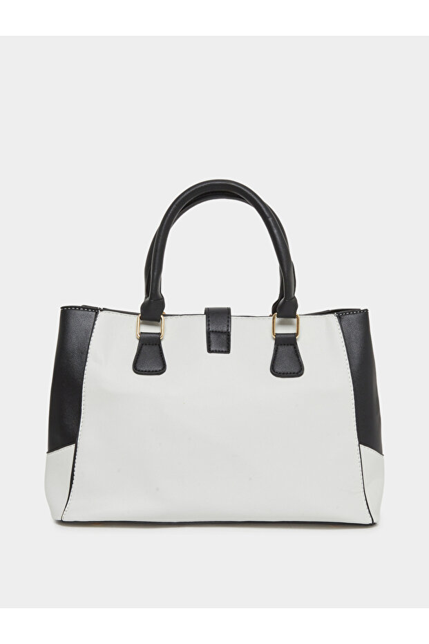 White Color Block Handbag with Drop Charm - 3