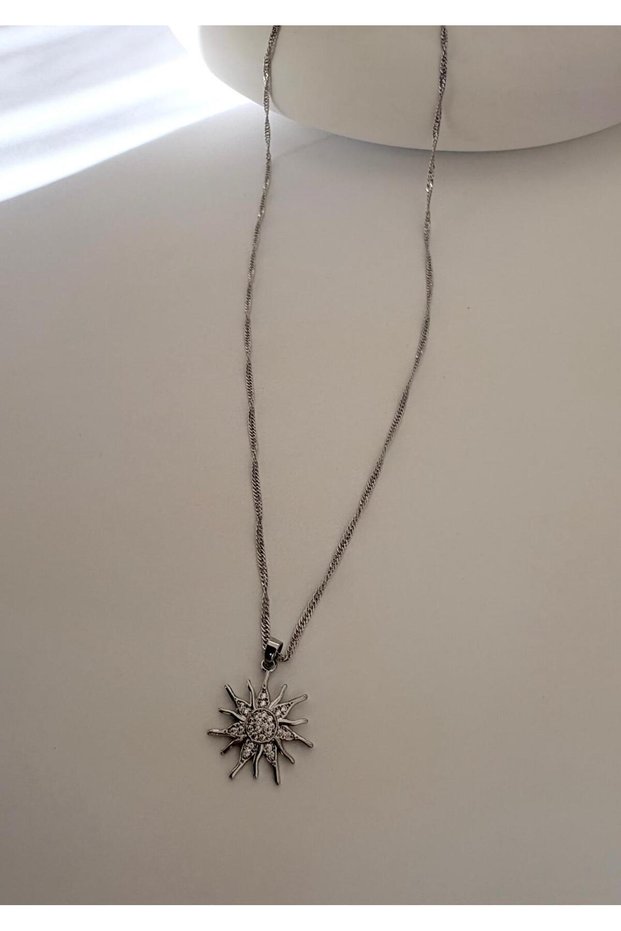 Xuping Silver Color Steel Necklace with Sun Figure Stone Detail