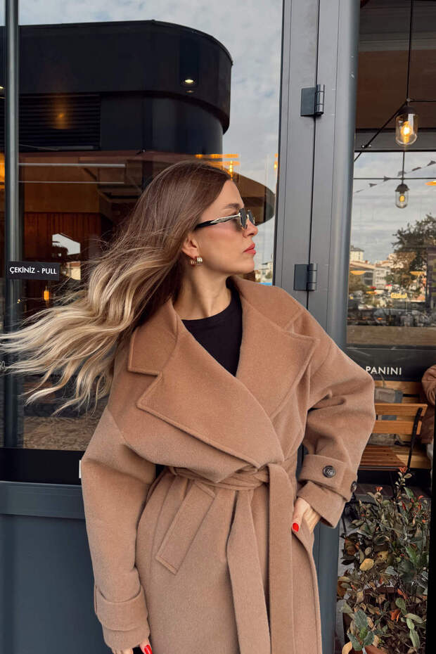 Camel Astarlı Kruvaze Oversize Yün Kaban - 5