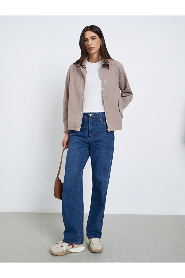 Beige Regular Fit Button-Zip Jacket - 2