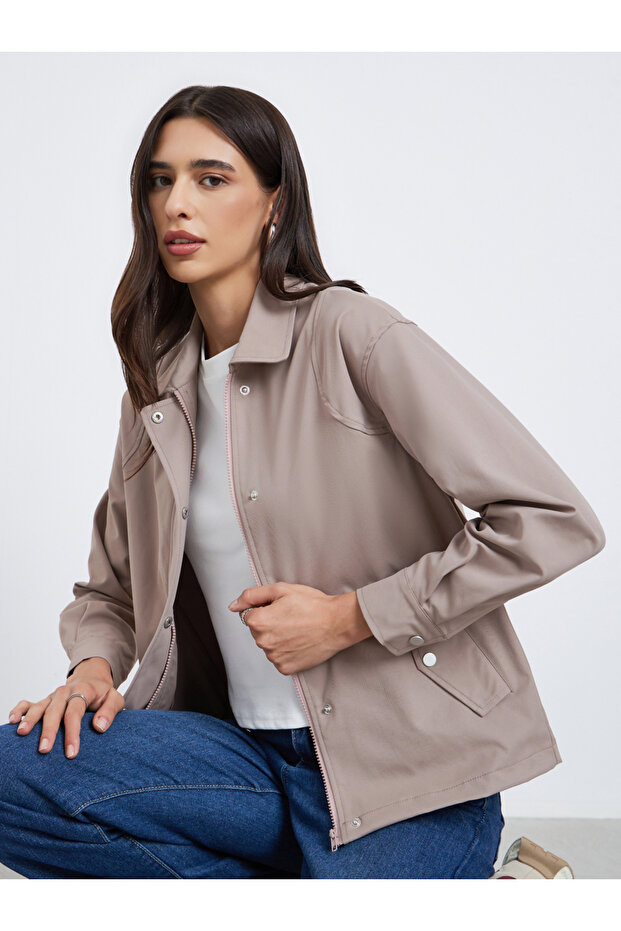 Beige Regular Fit Button-Zip Jacket - 1