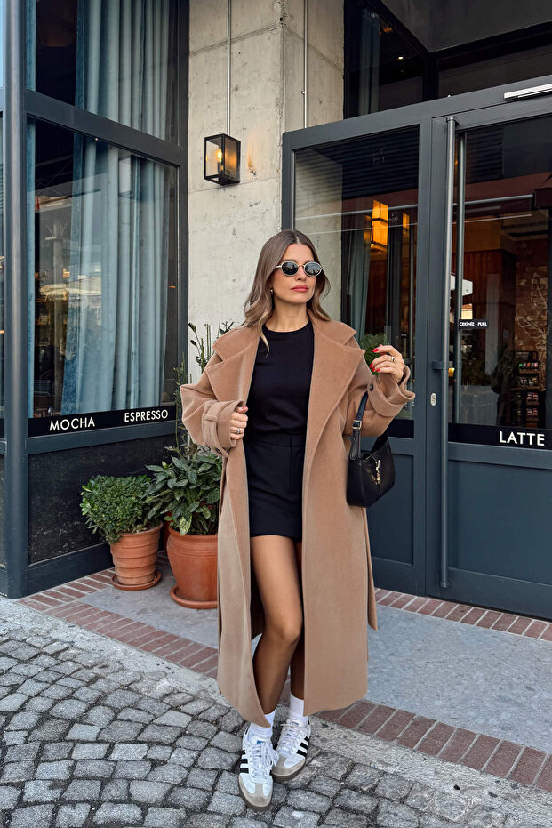 Camel Astarlı Kruvaze Oversize Yün Kaban - 1