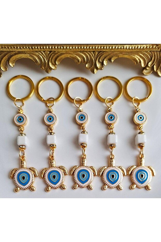 New Year's Luxury Gift 5-Piece Zircon Stone Evil Eye Beaded White Turtle Lucky Keychain 10.5 cm