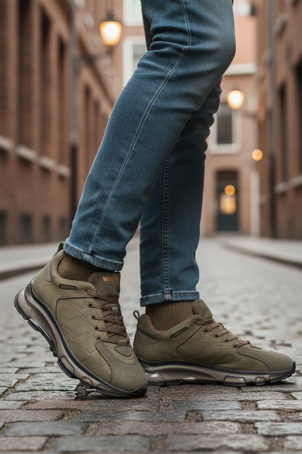 Khaki Lace-Up Genuine Leather Men's Sports Shoes 2623 m