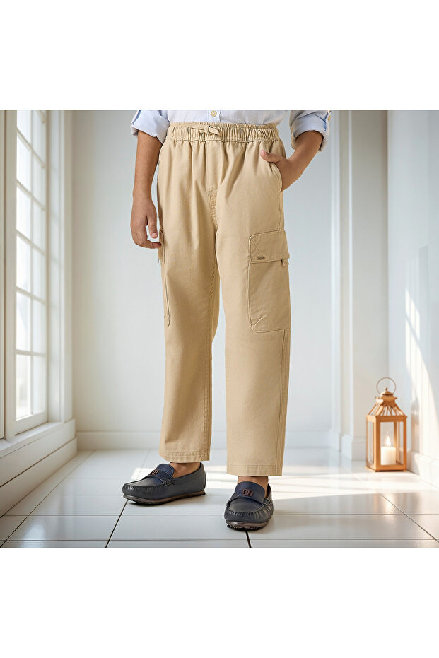 بنطلون كارغو سادة سهل الارتداء مع رباط للإغلاق - 1
