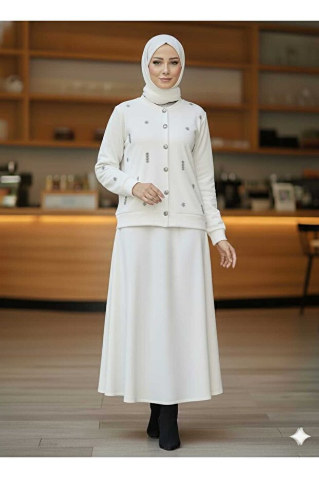 Women's New Season Top-Bottom Stone Buttoned Skirt Suit Model