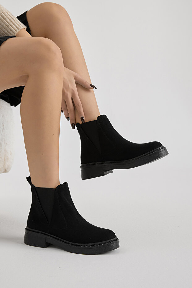 Women's Black Suede Thick Thermo Sole Boots with Elastic V on the Side
