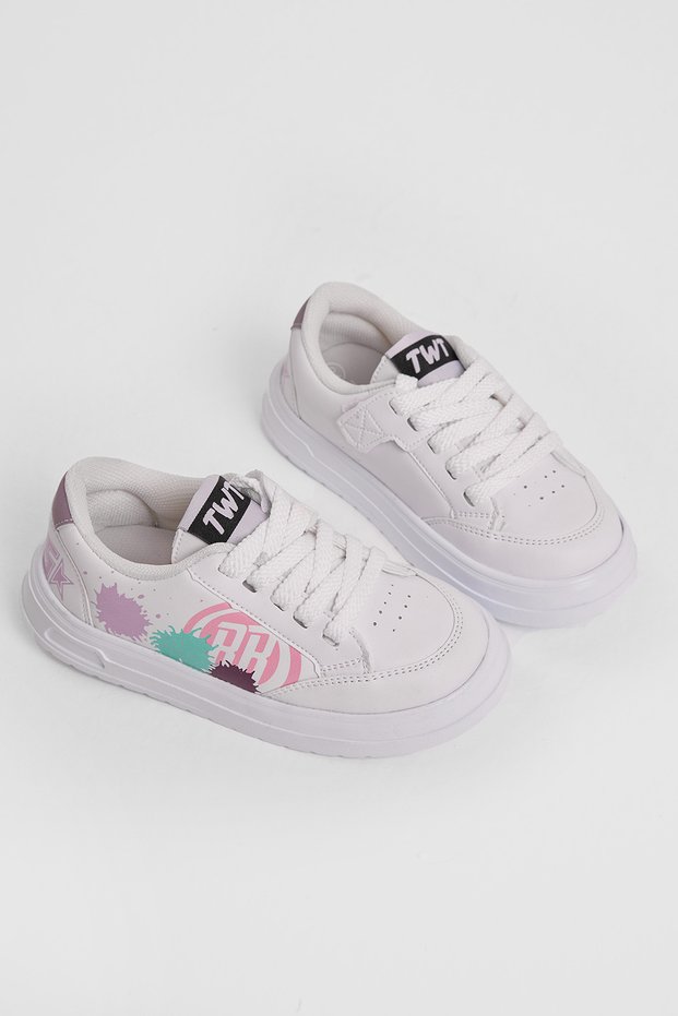 Children's Unisex White Turquoise Eva Faylon Sole Patterned Lace-Up and Velcro Sports Shoes