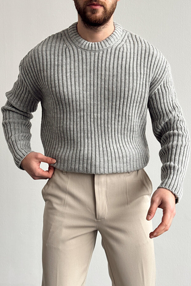 Erkek Gri Fitilli Örme Regular Triko Kazak - 1