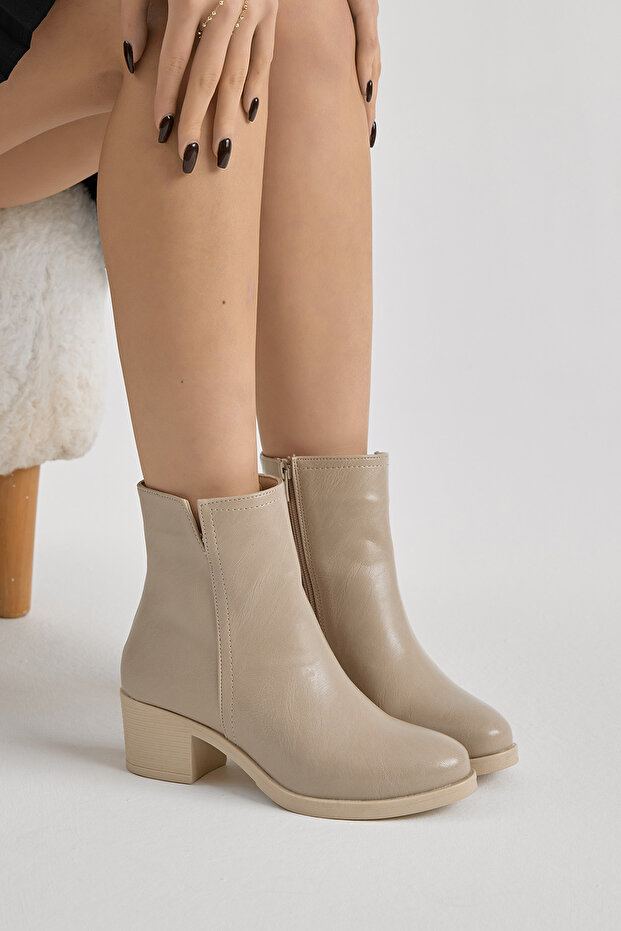Women's Beige Skin Thermo Sole Zippered Heeled Boots