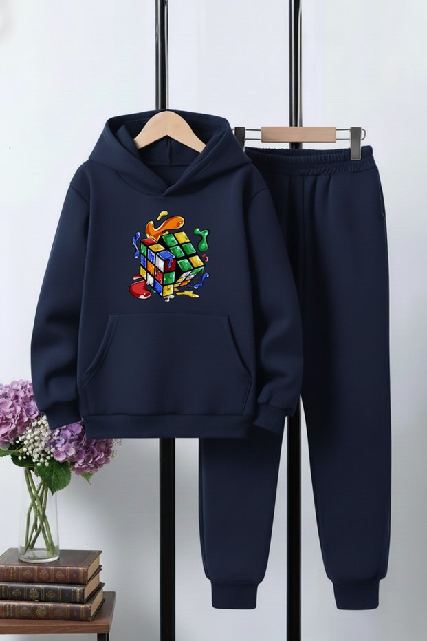 3 İplik Ş Fleece-Lined Winter Rubik's Cube B Printed Kangaroo Pocket K Hooded Boys' Tracksuit Set