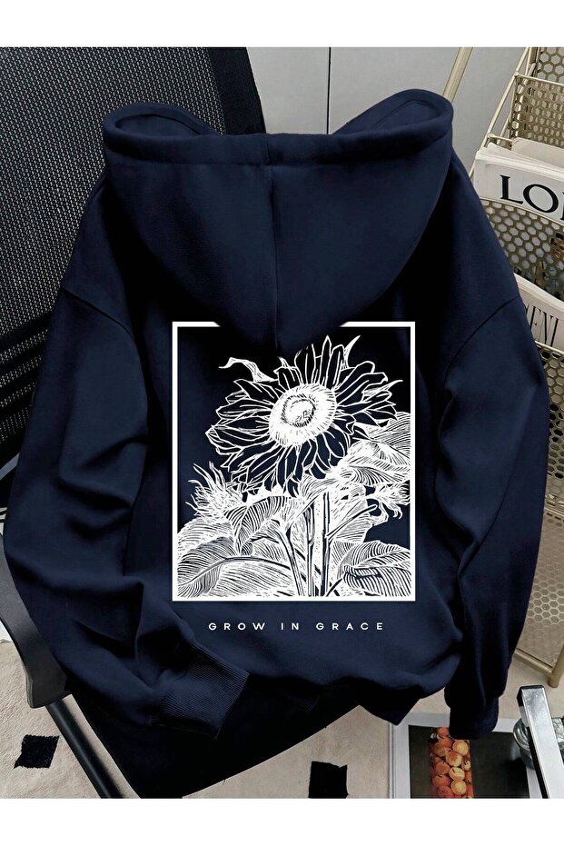 Çiçek Printed Hooded Loose Fit 3-Thread Sweatshirt with Dropped Shoulders