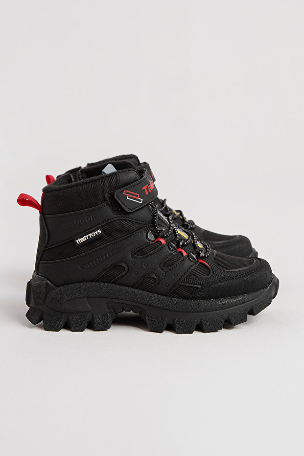 Children's Unisex Black Red Thick Rubber Sole Rubber Laced Velcro Outdoor Trekking Boots