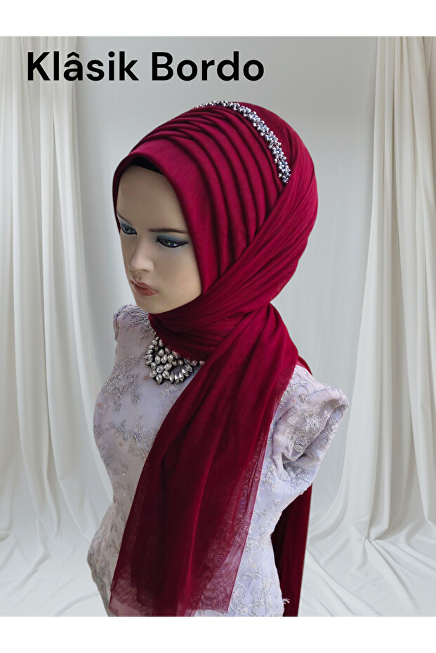 Accessories Included: Classic Burgundy Single-Piece Ready-Made Veil, Ready-Made Shawl, Ready-Made Turban