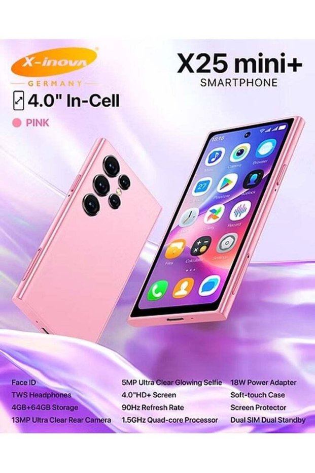 X-Inova X25 Mini+ Mini Smartphone - 4.0" HD, 4GB+64GB, 13MP, Dual SIM (Pink)
