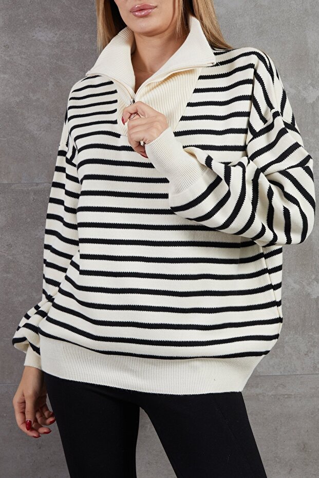 Turtleneck Zippered Striped Sweater