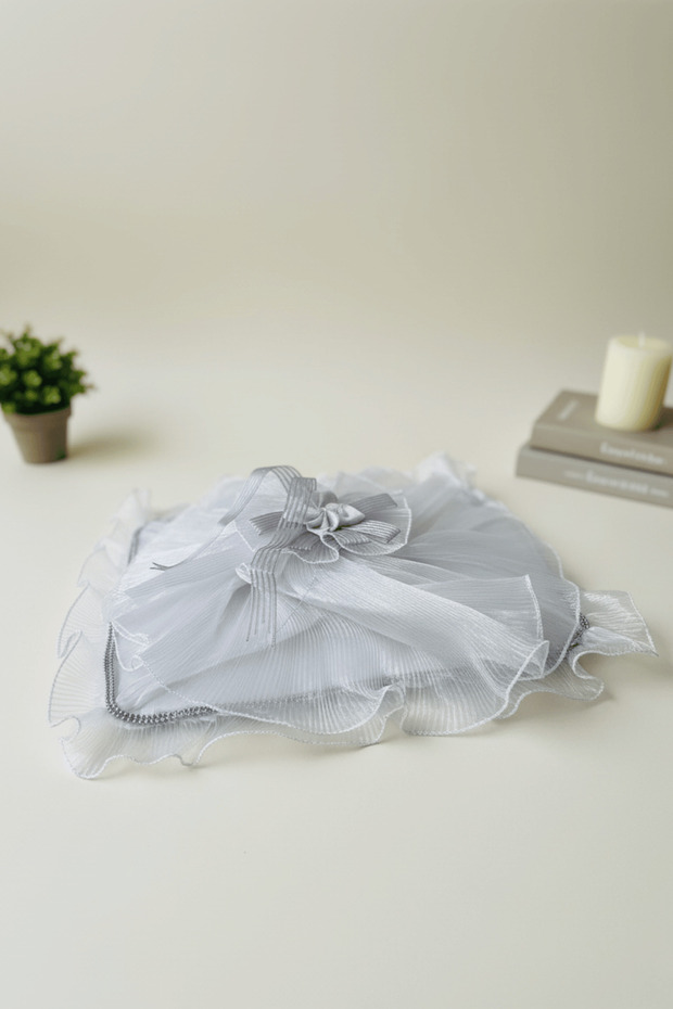 Pleated Tulle Bag – Silver Embroidered, Ornamental Bag for Bride and Groom's Dowry