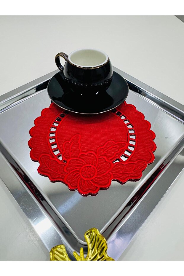 6 Pieces Linen White Embroidered Coffee Side Cocktail Napkins & Coasters.