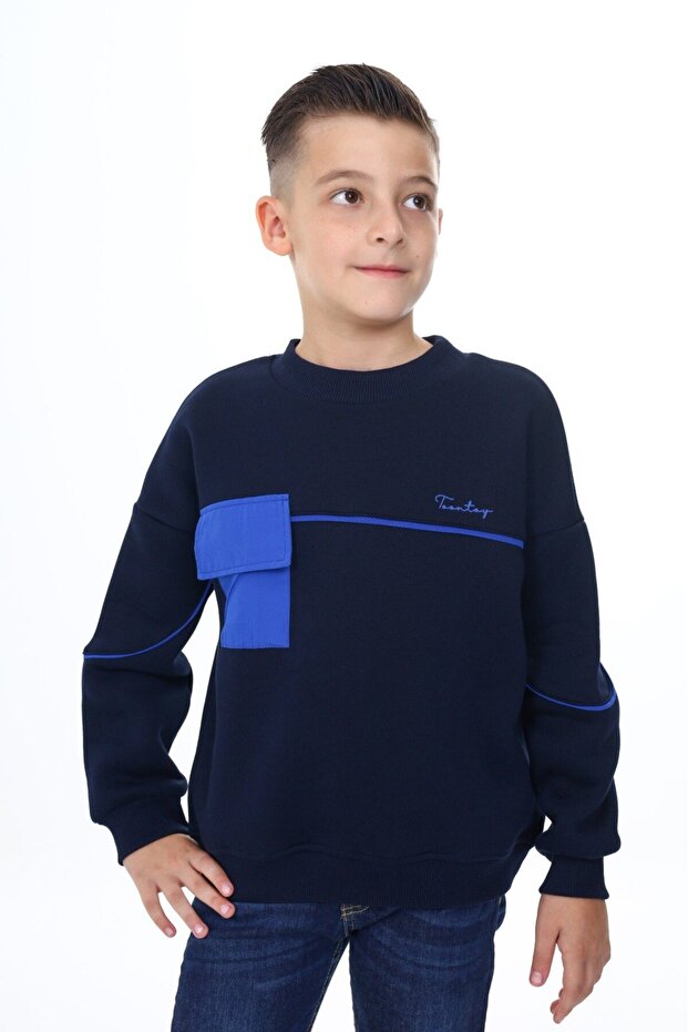 Navy Blue Boys' Relax Fit Crew Neck Piece Printed Sweatshirt - Pocket Detail & 2 Threads