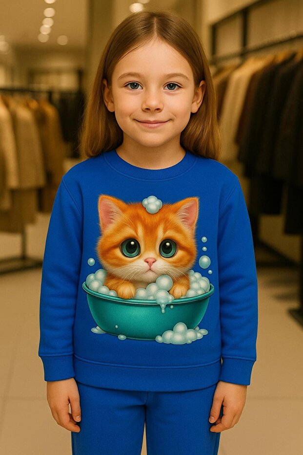 Showering Cat Patterned Sweatshirt Set 3-4-5-6-7-8-9-10-11-12 Years Old