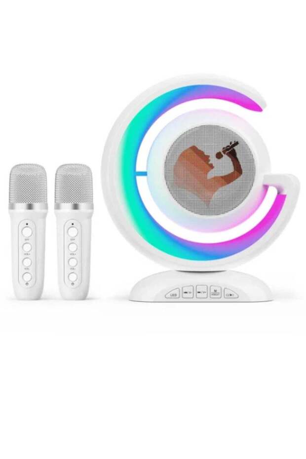 Karaoke Portable Bluetooth Speaker with Two Wireless Mics (White)