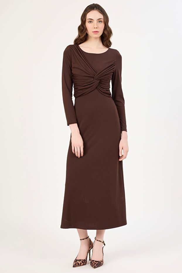 Büzgü detaylı likralı örme elbise - 1