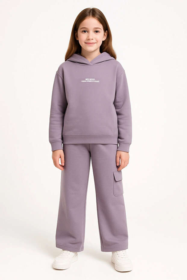 Girl's 100% Cotton Hooded Sweatshirt Wide Leg Lilac Tracksuit Set