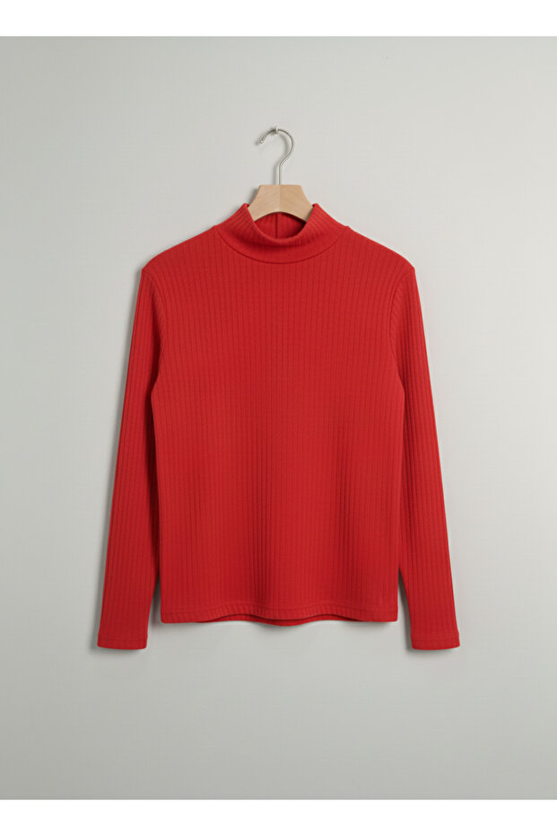 Girls and Boys Red Corded Fabric Half Turtleneck Long Sleeve Bodysuit Undershirt