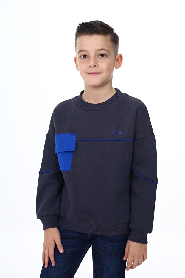 Füme Boys' Relax Fit Crew Neck Piece Printed Sweatshirt - Pocket Detail & 2 Threads