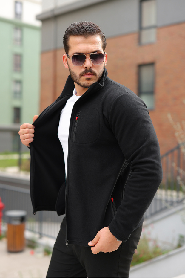 Men's Winter Trend Zippered Pocket Black Fleece Cardigan