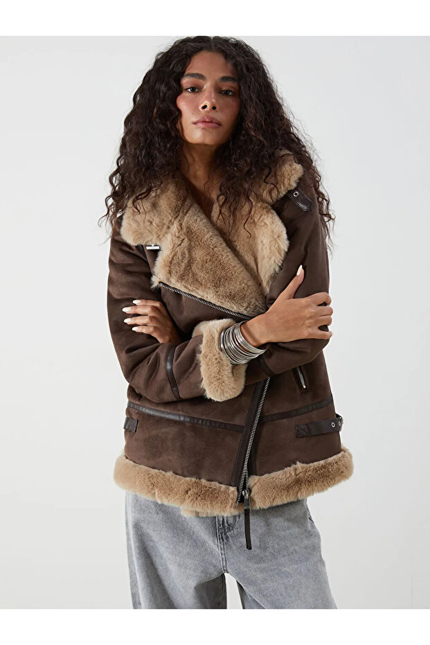 Xside Beige Fur Collar Women's Suede Look Coat