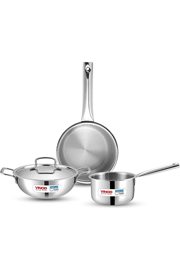 Platinum Triply Stainless Steel Cookware Set - 4 Pc (Kadai 24cm, Frypan 24cm, Saucepan 16cm)