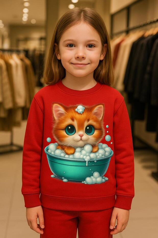 Showering Cat Patterned Sweatshirt Set 3-4-5-6-7-8-9-10-11-12 Years Old