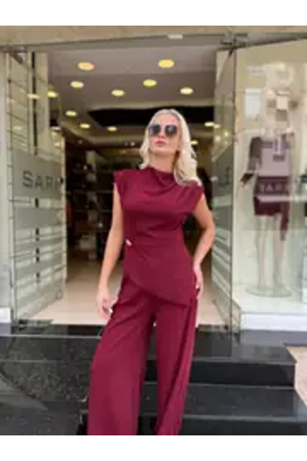 Asymmetrical Draped Blouse Pants Set - 4