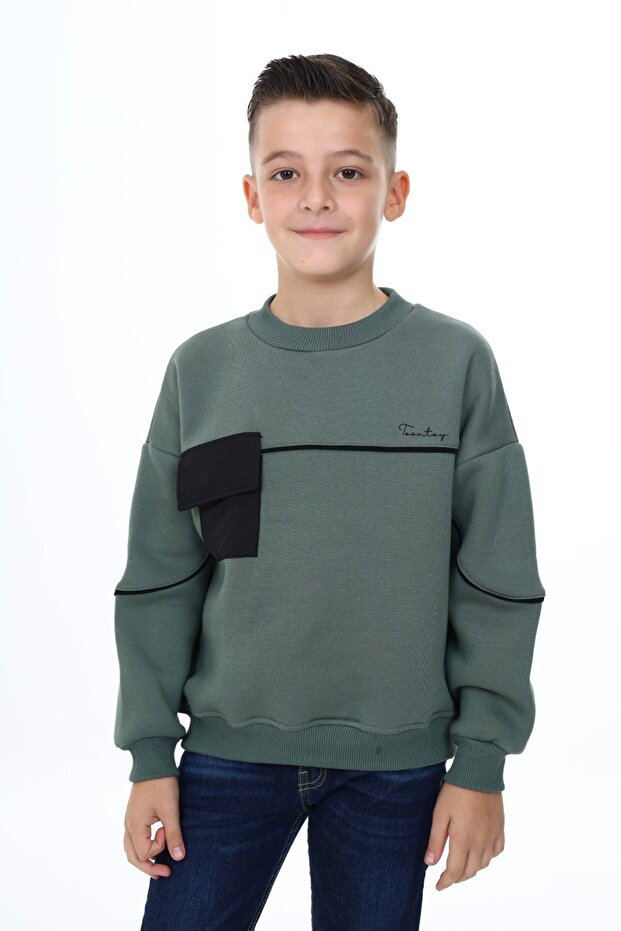 Green Boy's Relax Fit Crew Neck Piece Printed Sweatshirt - Pocket Detail & 2 Threads