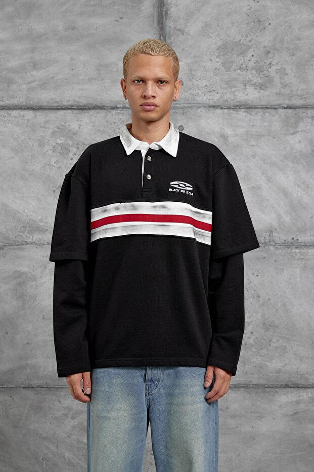 Men's Sweatshirt Nmrc Polo Collar Sleeve Black Oversize Crew Neck 3 Thread Without Thread