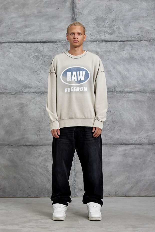 Erkek Krem RAW BASKILI OVERSIZE SWEATSHIRT - 4