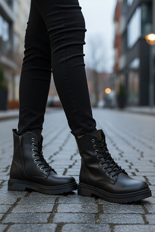 Black Leather Women's Boots with Fur Inside 525383 Z