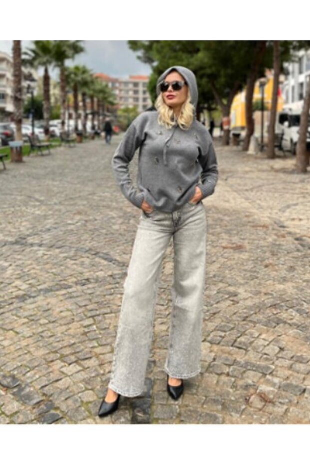 TAŞ İŞLEMELİ KAPUŞONLU TRİKO - 3