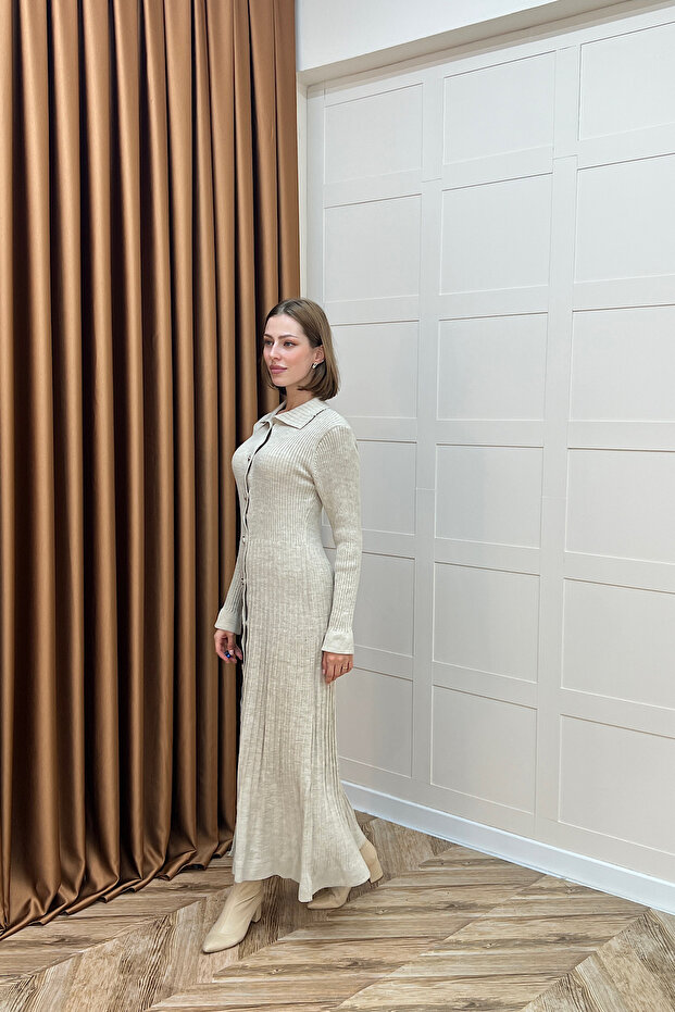 Endam Düğmeli Triko Elbise Taş - 4