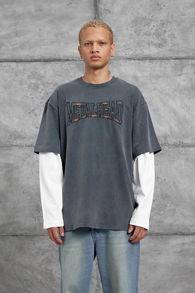 Men's Sweatshirt Metalhead Piece Sleeves Smoked Oversize Printed Crew Neck 3 Yarns Without Ruffles